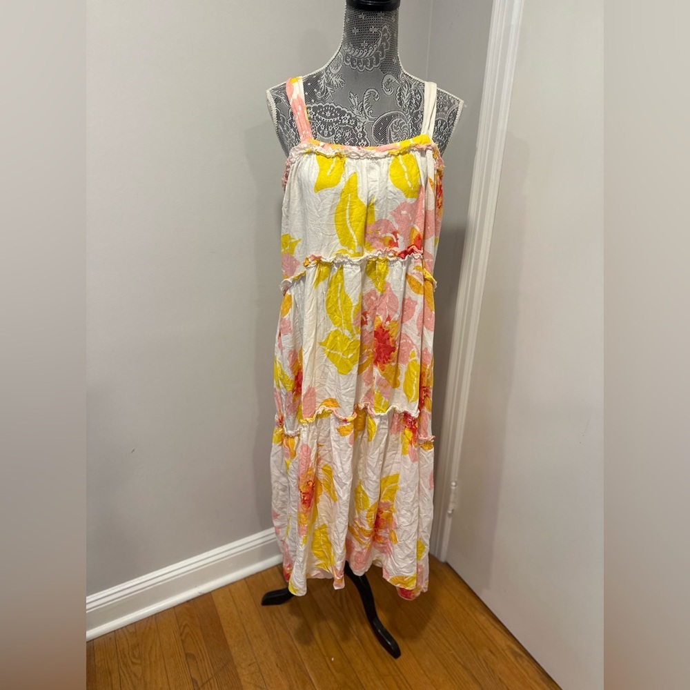 Free People Sz: L Moonshine Pink Yellow Floral Tiered Raw Edge Midi Sun Dress.